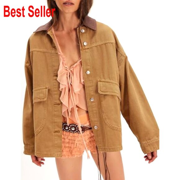 Oversized Denim Jacket Chic Y2K Retro Button Down Coat with Pockets - Picture 2 of 6